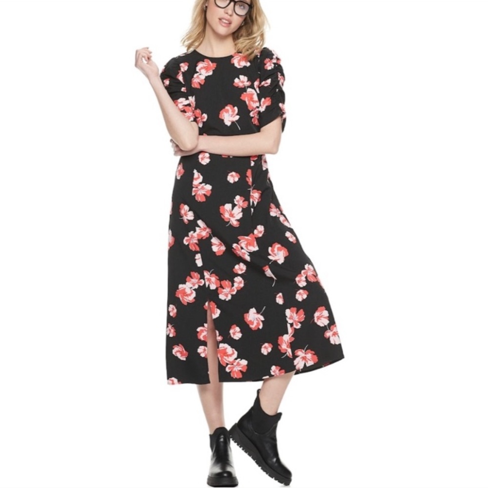 New POPSUGAR Black Floral Puff Sleeve Midi Dress L